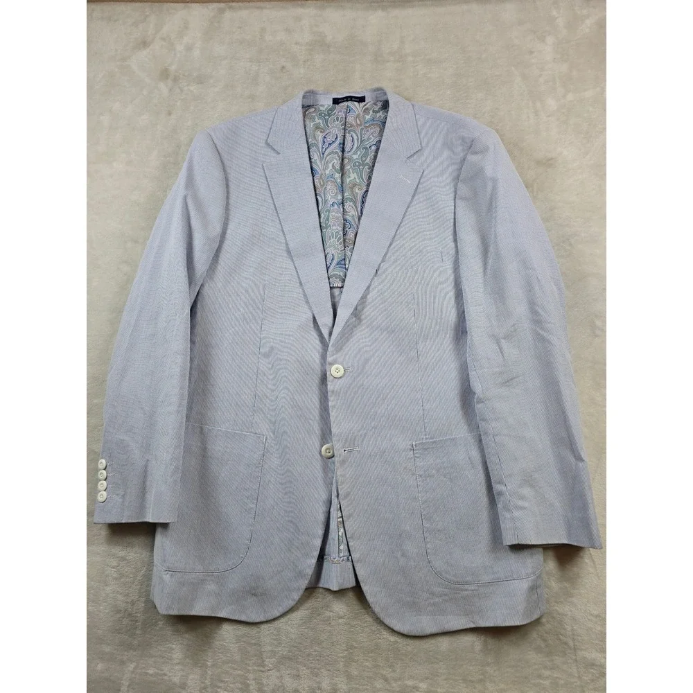 Alan‎ Flusser Seersucker Sport Coat Mens Large Blue White Paisley Lined Blazer